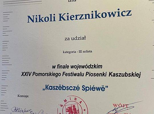 Sukces w XXIV Pomorskim Festiwalu Piosenki Kaszubskiej „Kaszëbsczé Spiéwë” w Luzinie